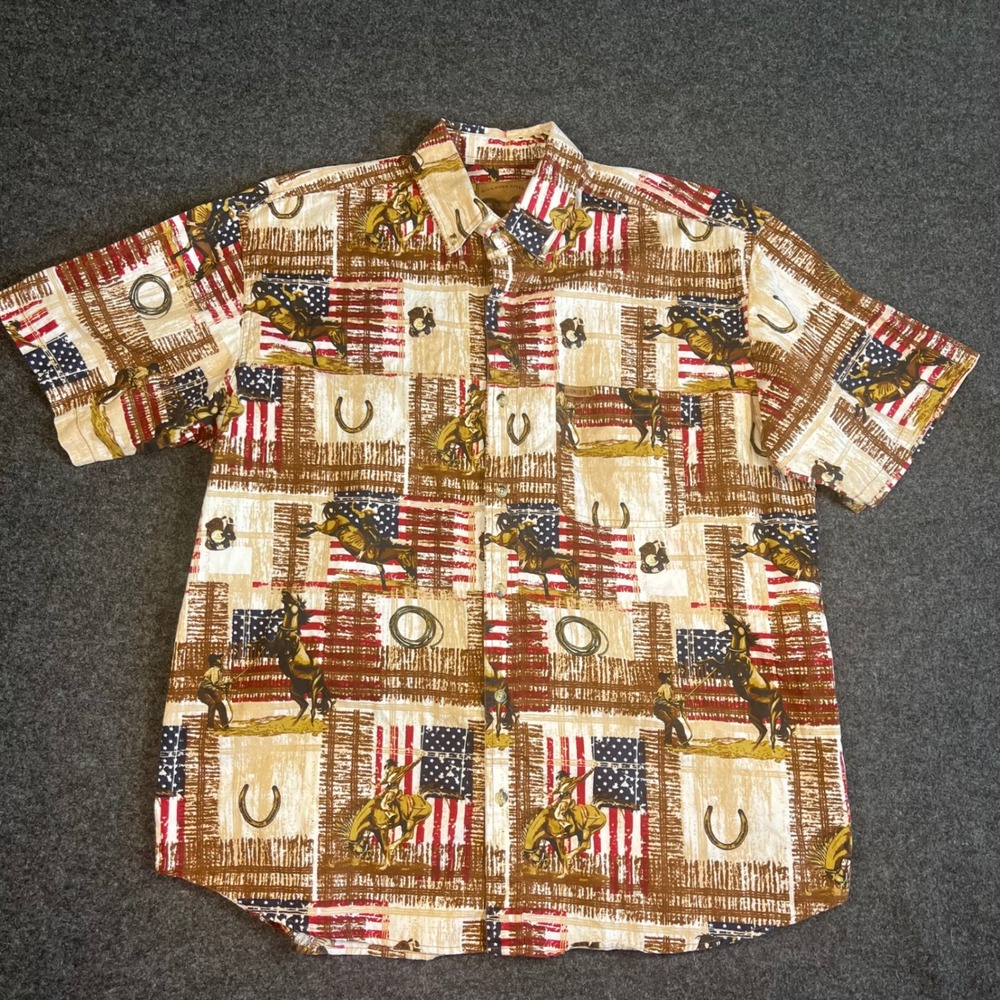 Buckhorn River Mens XL Western Cowboy American‎ Flag Cotton Short Sleeve Shirt